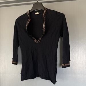 J. Crew Women's Black Pullover Sweater 100% Wool Beaded V-Neck Long Sleeves sz M